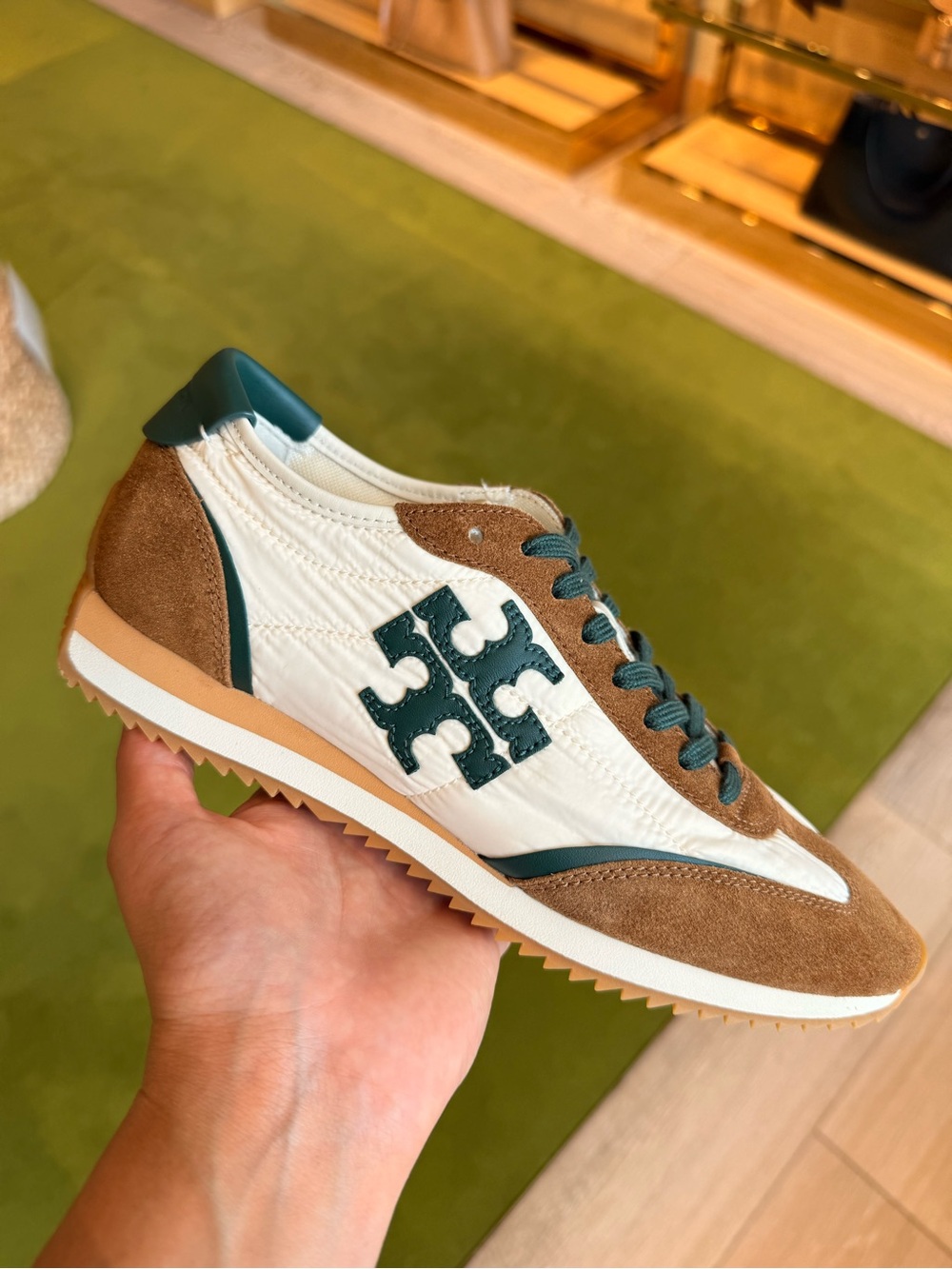 Tory Burch Vintage Sneaker 2.0 Light Cream Deep Green Suede Brown Women’s